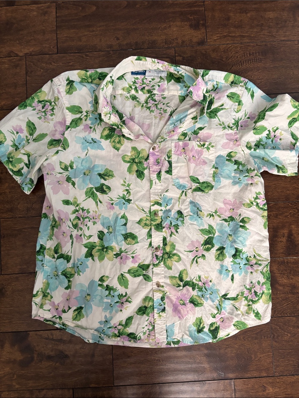 Men's Floral Short-Sleeve Button-Up Shirt - White with Green, Blue & Pink Floral